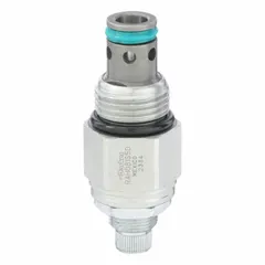 Steel, block-mounted, two-position, normally closed pressure control cartridge valve with screw adjustment. Cavity designation C08-2. Used in hydraulic systems to regulate pressure in industrial machinery.