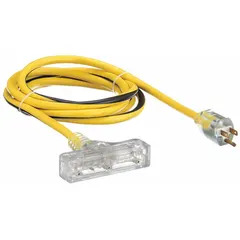 This 10 ft outdoor extension cord features three grounded outlets and a NEMA 5-15P plug. The 12/3 SJTW jacket is rated for temperatures from -40° to 167°F, suitable for use in wet or cold environments. Commonly used to power tools, lights, and equipment at construction sites, landscaping, and industrial yards.