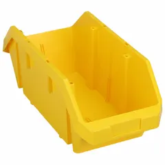 Yellow cross-stacking plastic bin with a 75 lb load capacity. Measures 8 3/8 in x 18 1/2 in x 7 in. Not electrostatic discharge conductive. Contains 0% recycled content. Suitable for organizing parts, components, and small tools in warehouses and manufacturing facilities.