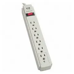 General purpose surge protector with 6 outlets, 4 ft power cord, 790 J energy rating, and 15 A current capacity. Features a 5-15P plug and white non-mounting design. Suitable for protecting electronics from voltage spikes in office, home, or light industrial environments.