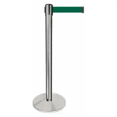 This retractable belt post barrier features a dark green belt with no legend or pattern, extending 10 ft. The post and base are constructed of metal alloy with a silver finish. It is used to create visual barriers, manage pedestrian flow, and cordon off areas in industrial environments such as warehouses and factories.