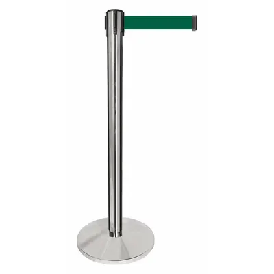 QUEUEWAY Barrier Post with Belt: Dark Green, No Pattern, No Legend, 10 ft Belt Lg - Solid-Color Retractable Belt Post Barriers