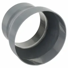 PVC duct reducer for transitioning from a 16-inch inlet to a 14-inch outlet. Overall length of 8 1/2 inches. Used in ventilation systems to connect duct sections of different diameters.