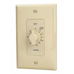 Spring-wound mechanical timer with a 30-minute minimum and 12-hour maximum timing range. SPDT switch rated for 125V AC. Ivory finish. No wall plate included. Used for automatic on/off control of lights, fans, or other electrical loads in commercial or industrial settings.