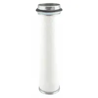 Round engine air filter with axial seal, 3 1/4 in outside diameter. Compatible with Deutz farm equipment. Used in agricultural machinery to filter intake air for engine protection