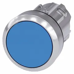 This flush-mount push-button operator from the Siemens 3SU series features a metallic construction and maintained action. It is designed for use in industrial control panels and automation systems where a recessed operator is required for continuous circuit control. The blue push button has a 22 mm mounting size.