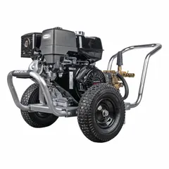 This SIMPSON cold water pressure washer is a cart-mounted unit delivering 4200 psi at 4 gpm. It is rated for 120 hours of use per week, suitable for heavy-duty cleaning tasks such as removing grease, grime, and dirt from equipment, surfaces, and machinery in industrial environments.