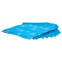 Blue polypropylene sorbent pad measuring 14 x 14 inches, absorbing 1 1/16 gallons per pad. Not perforated, with a printed 'Caution' message. Suitable for general spill response in industrial and maintenance settings