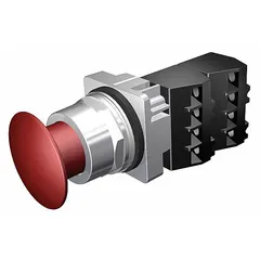 Mushroom-head push button with metallic profile, 30 mm size, and maintained action. Equipped with 2NC contacts and pressure plate terminal connection. Suitable for use as a control switch in industrial machinery and automation systems.