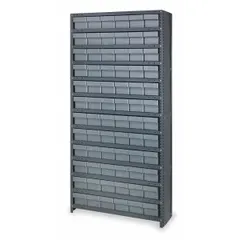 This metal stationary bin shelving unit features a steel frame in gray with 13 shelves and 72 closed-front gray bins. Each bin measures 4-5/8 in x 5-9/16 in x 17-5/8 in. Suitable for organizing small parts, components, or tools in industrial warehouses, workshops, and distribution centers.