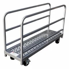 This single-height vertical panel truck is designed for transporting large, flat panels and sheet goods in warehouses, factories, and workshops. It features a 54 in L x 16 in W x 35 in H deck with an 8 3/4 in deck height, two adjustable rails, and a red finish. The truck is equipped with (2) rigid casters for stable movement on flat surfaces.