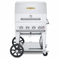 This wheeled propane grill features 4 burners with a total heating capacity of 64,500 BtuH. It has an overall height of 37 inches and depth of 27 inches, designed to accommodate one 20 lb propane tank. Suitable for outdoor cooking applications such as catering, food service, and large gatherings