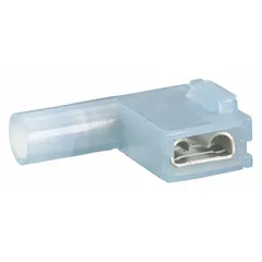 Fully insulated flag disconnect with blue nylon full-coverage insulation for protection against accidental shorts. Accepts 16 AWG to 14 AWG wire sizes. Used for quick and safe connection or disconnection of electrical wires in control panels, appliances, and automotive systems.