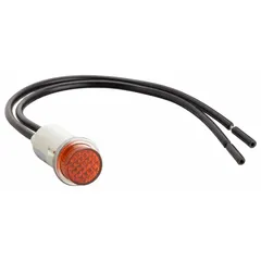 This neon indicator pilot light features an amber lens and a raised panel design for clear visual status indication. It has a nylon body, a 12 mm panel mounting hole diameter, and 6-inch wire leads for electrical connection. The lens is included. Typical applications include industrial control panels, machinery, and electrical enclosures.