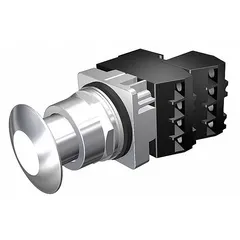 Illuminated mushroom-head push button with maintained action. Metallic 30 mm profile with 2NC contacts and pressure plate terminals. Used as a maintained actuator for control or emergency-stop functions in industrial panels and machinery.