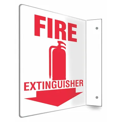 CONDOR Safety Sign: PETG, Mounting Holes Sign Mounting, 8 in x 8 in Nominal Sign Size - L-Shape Projection Fire Extinguisher Signs