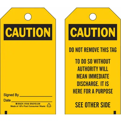 BRADY Caution Tags: Black/Yellow, 25 Tags - Caution Pre-Printed Header Tags