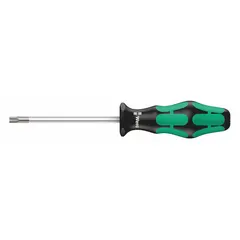 This WERA screwdriver features a T4 Torx tip with friction retention and a standard length shaft. The Kraftform handle provides a comfortable grip. Suitable for driving and removing Torx fasteners in precision assembly, electronics, and general maintenance tasks.