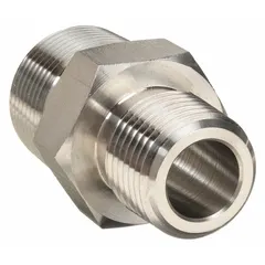 316 stainless steel hex nipple for extreme-pressure instrumentation systems. Connects 3/4 in to 1/2 in NPT pipes. Rated to 6400 psi. Length 1 31/32 in.
