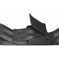 This 9 ft crossbody strap is made of black nylon with a plastic cam buckle. It is designed for securing patients to backboards and stretchers during transport, providing an adjustable hold for immobilization