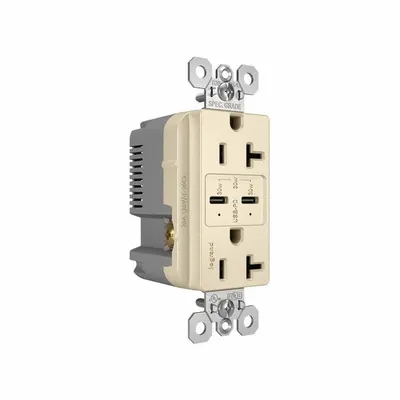 PASS & SEYMOUR Receptacle: Duplex, 5-20R, 2 USB Ports, USB Type C, Light Almond, 125V AC - Weather-Resistant Receptacles with USB Chargers