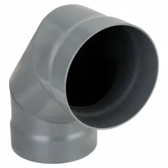 This 90° elbow is made of PVC and designed for 12-inch duct diameter. It features a 3-piece construction with an overall length of 15 3/4 inches. Used in ventilation and exhaust systems to change airflow direction.