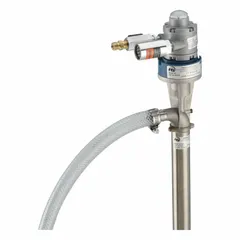 This low viscosity centrifugal drum pump is designed for transferring thin fluids from drums or containers. It features a stainless steel suction tube and delivers a maximum flow rate of 15 gpm. The pump includes a discharge hose and spout for convenient dispensing.