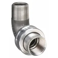 This 90° union connects conduit to an electrical box, providing a female NPT to male NPT transition. It is used for right-angle routing in conduit systems where a change in direction is needed. The fitting has a plain finish and is suitable for hazardous locations