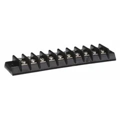 This 10-pole surface mount barrier strip accepts wire sizes from 22 AWG to 12 AWG and is rated for a maximum current of 20 A. It is used for organizing and securing wire connections in control panels, junction boxes, and electrical equipment. No cover is included.