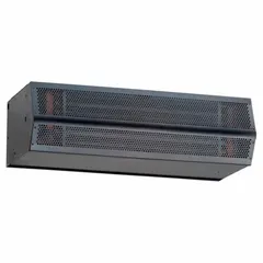 Heated air curtain for a 6 ft opening, delivering 2,080 cfm at 460V AC, three-phase. Constructed with a black steel housing. Used to create an air barrier at commercial or industrial doorways, reducing energy loss and preventing drafts or insect entry.