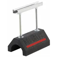 This elevated support block system integrates a strut channel for pipe routing. The electroplated cast iron support provides structural strength, while the rubber base dampens vibration and reduces noise transmission. Base dimensions are 9.35 inches long by 6 inches wide, with an overall length of 9.35 inches. Typical applications include supporting piping in industrial and mechanical systems where height adjustment and vibration isolation are required