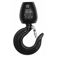 This bottom hook assembly is designed for use with electric chain hoists. It includes a latch for secure load attachment. Compatible with hoists rated for 1,000 lb load capacity. Suitable for lifting and positioning materials in industrial and warehouse settings.