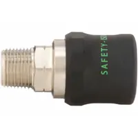 Brass safety exhaust quick-connect air coupling with 1/4" male NPT thread and 1/4" body size. Safety Vent locking type enables vented disconnection to reduce hose whip. Suitable for pneumatic systems in industrial applications such as machining, material handling, and assembly