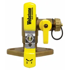 Brass full-port ball valve with flanged connections and integrated drain port. Rated for 600 psi maximum operating pressure. Includes adjustable packing glands and steel handle. Used in piping systems for flow isolation and drainage.