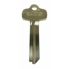 Door lock key blank for BEST M keyway mortise locks. Key ID # KS208. Made of brass with nickel plating. Requires cutting by a locksmith to match lock bitting.