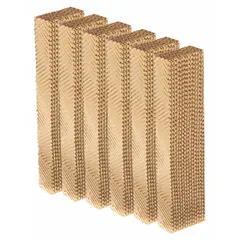 Cellulose evaporative cooling media pads for agricultural and horticultural cooling systems. Each pad measures 60 inches high by 12 inches wide by 6 inches thick. Sold as a 6-pack. Used in greenhouses, livestock barns, and poultry houses to lower air temperature through evaporation.