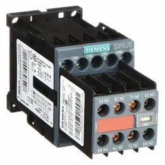 This Siemens control relay features a 24V DC coil and 6 normally open plus 2 normally closed contacts rated at 10 A. It is designed for DIN-rail or surface mounting, suitable for switching and isolating circuits in industrial control panels and automation systems.