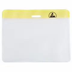 Horizontal badge holder with a yellow background for high visibility. Pouch width 3-5/8 in, height 2-3/8 in, overall height 2-3/8 in. Suitable for displaying ID badges, access cards, or security passes in industrial or facility settings.
