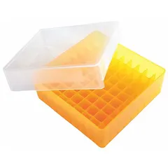 Polypropylene storage box in orange, with overall dimensions of 5 1/8 in length, 1 7/8 in height, and 5 1/8 in width. Designed for organizing and protecting cryogenic vials in laboratory settings.