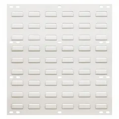 This wall-mount louvered panel provides a mounting surface for compatible hooks and accessories to organize tools and small parts in workshops, garages, and industrial facilities. It features a white powder-coated finish and measures 20 inches by 18 inches by 1/4 inch. The panel has one side and no bins.
