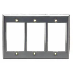 This 3-gang flat wall plate is constructed of stainless steel with a silver finish. It is designed for horizontal mounting of keystone modules in structured cabling installations. Suitable for use in commercial and office environments where a clean, durable wall plate is required.