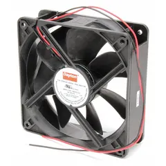 This square axial fan delivers 108 cfm airflow at 0.000 in static pressure. It has a polybutylene terephthalate blade and housing, with dimensions of 4 11/16 in height and 1 1/2 in depth. The fan is powered via lead wires and is rated IP20 for indoor use. Typical applications include cooling and ventilation in electronic enclosures, control panels, and small equipment.