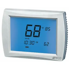 Standard thermostat for heat and cool applications in residential or light commercial HVAC systems. Features a touch screen, automatic and manual changeover, and 7-day programming capability (5-1-1/5-2/7). Supports 3H/2C conventional or 4H/2C heat pump stages with a temperature control range of 50° to 90°F. Includes humidification control and terminal designation RH.
