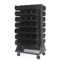 This vertical mobile louvered rack includes 56 black bins, each 14-3/4 in deep, 8-1/4 in wide, and 7 in high. The gray frame is mounted on (2) swivel casters with hard rubber tread for mobility. Suitable for organizing small parts and tools in workshops, warehouses, and assembly areas.