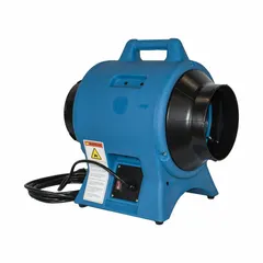 Axial fan for confined-space ventilation, delivering 877 cfm max flow in free air through an 8-inch duct. Powered by a 1/4 hp motor at 115 V AC. Includes a low-profile manhole air vent for use in manholes, tanks, and other enclosed areas.
