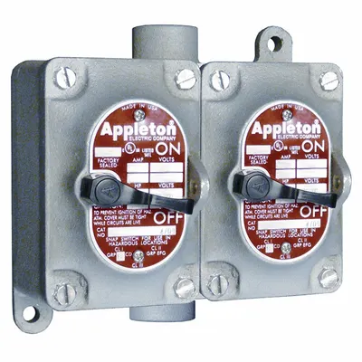 APPLETON ELECTRIC Tumbler Switch: 2 Gang, 1-Pole, 20 A, 277 V AC, Feed-Thru Hub - Two-Gang Front Lever Tumbler Switches