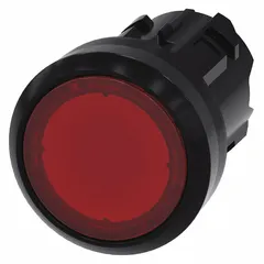 This Siemens illuminated flush-mount push-button operator from the 3SU series features a red non-metallic actuator with momentary action. Designed for 22 mm mounting, it is used for start/stop or signaling functions in industrial control panels and operator stations.