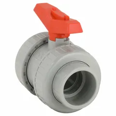 Two-piece CPVC ball valve with straight body, socket x FNPT connections, and lever handle. Used for on/off flow control in corrosive fluid handling systems typical of chemical processing and water treatment.