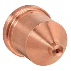 This shielded nozzle is designed for use with Hypertherm handheld plasma torches, specifically the RT60/60M, RT80/80M, and T60/60M/80/80M/100/100M/100M-2 series. It focuses and protects the plasma arc during cutting operations, helping to maintain cut quality and extend consumable life.