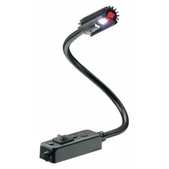 This LED gooseneck task light from FEDERAL SIGNAL features an 18-inch flexible arm and delivers up to 398 lumens at 3800K color temperature. It operates on 12.8V DC with 5W power consumption and connects via wire leads. The black finish suits industrial workstations, vehicle cabs, and equipment interiors where focused illumination is needed.
